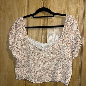 aerie White Crop Top with Orange & Green Floral Print